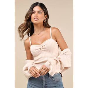 Lulus Cutest Duet Beige Knit Cami Top And Cardigan Sweater Set - Size L